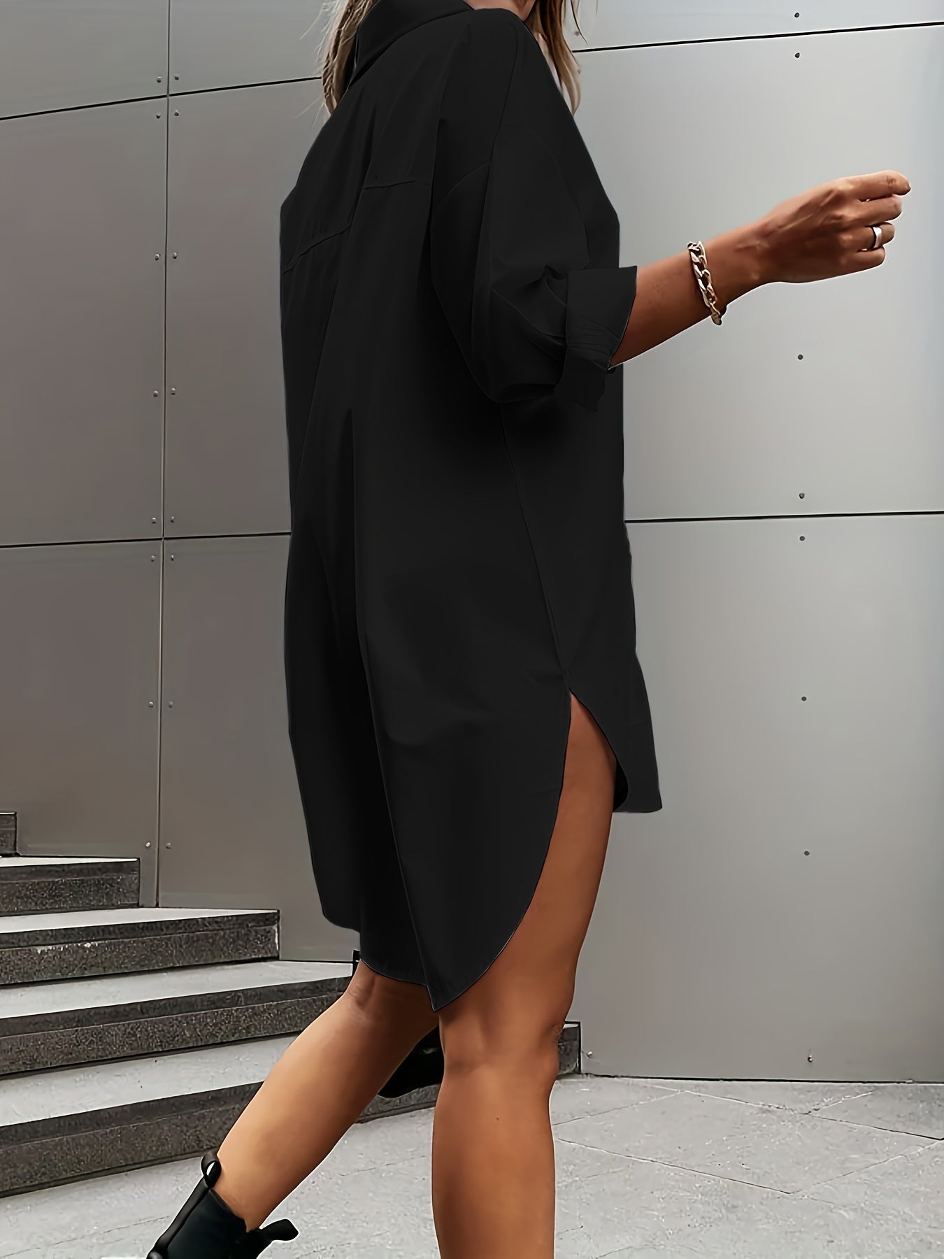 Chic Solid Color Button-Front Shirt Dress