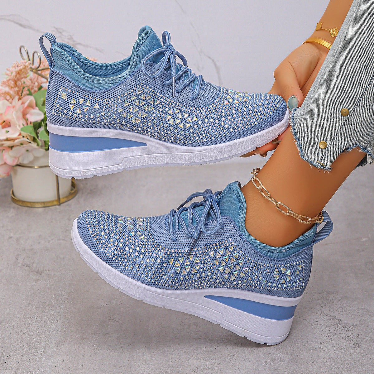 Rhinestone Wedge Sneakers – Fashion Lace-Up Casual Sports Shoes for Women