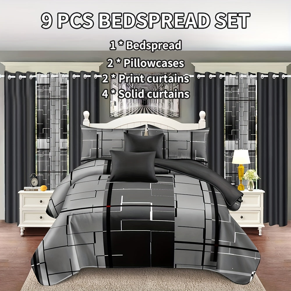 9-Piece Grey Bedding & Curtain Set – Includes Bed Cover, Pillowcases, Printed & Solid Curtains – Queen/King/Cal King Size