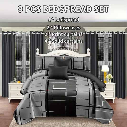 9-Piece Grey Bedding & Curtain Set – Includes Bed Cover, Pillowcases, Printed & Solid Curtains – Queen/King/Cal King Size