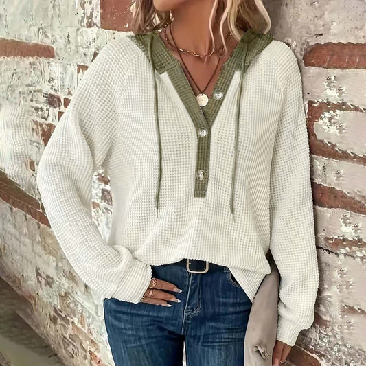 Women's Loose Fit Waffle Hoodie – Button-Up, Long Sleeve