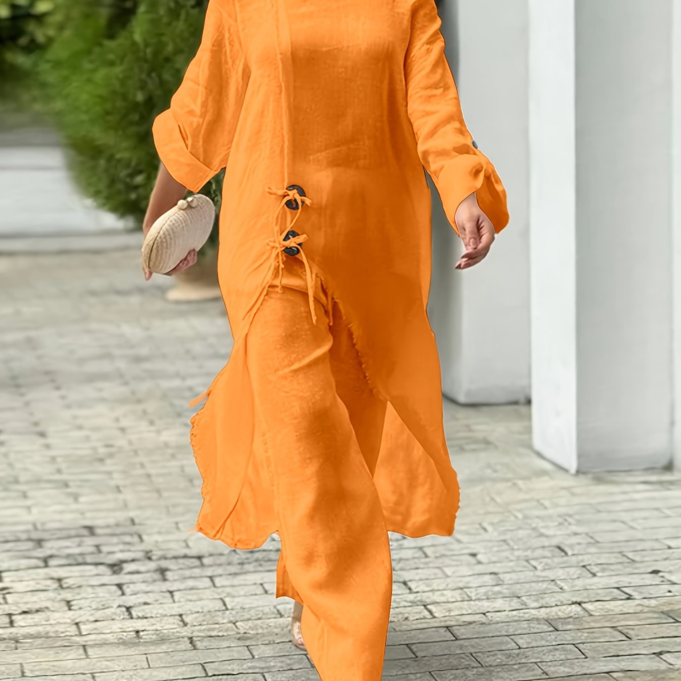 2pcs Strapless Long Sleeve Tie Slit Top And Casual Wide Leg Pants Set