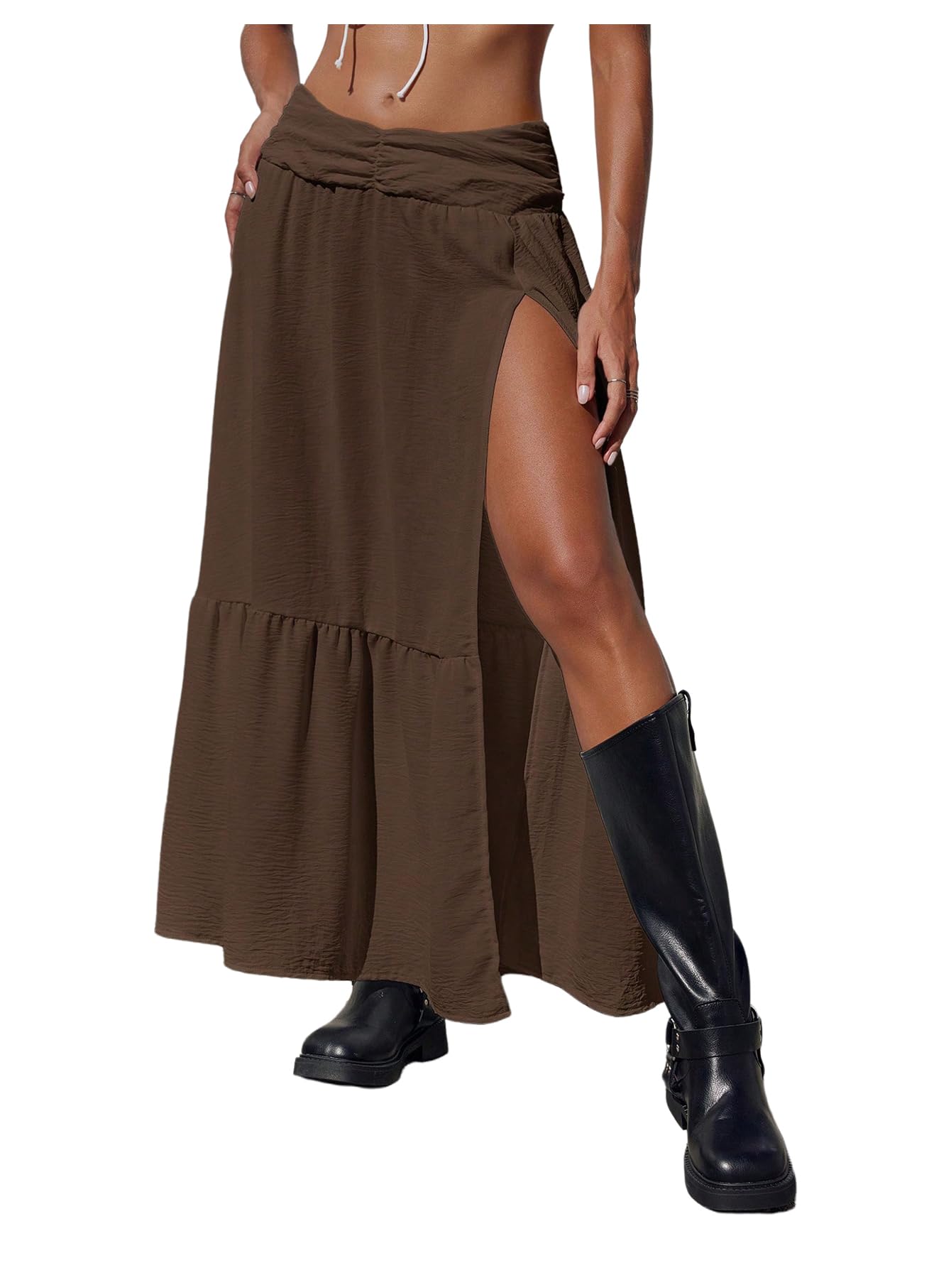 SHENHE Women's Summer Low Rise Maxi Skirt High Slit Ruffle Hem Flowy Boho Long Skirt