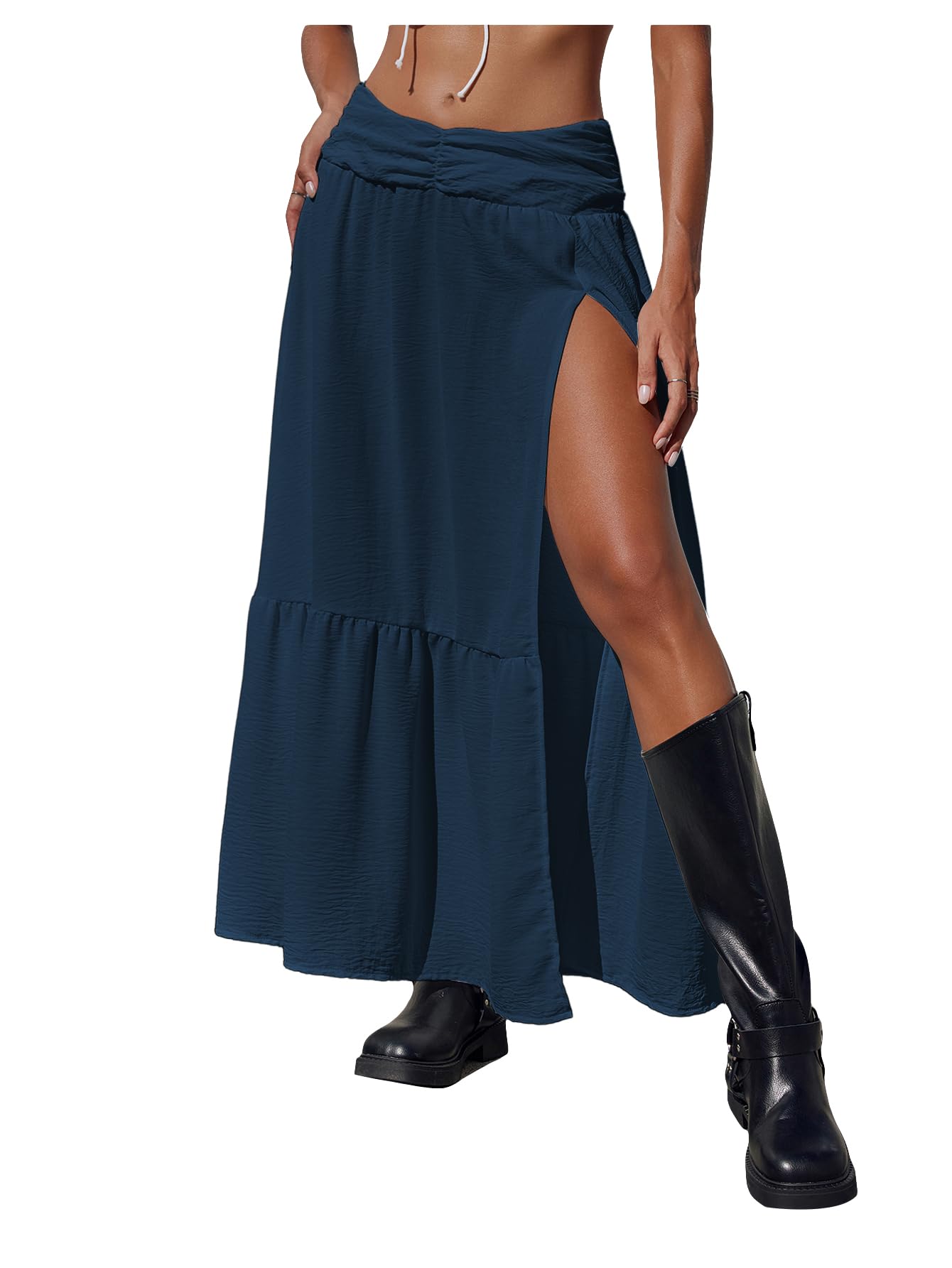 SHENHE Women's Summer Low Rise Maxi Skirt High Slit Ruffle Hem Flowy Boho Long Skirt