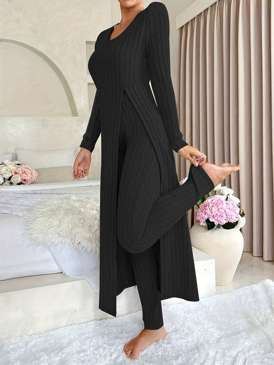 Two-piece Set of Long-sleeved Ribbed Top and Pants for Women