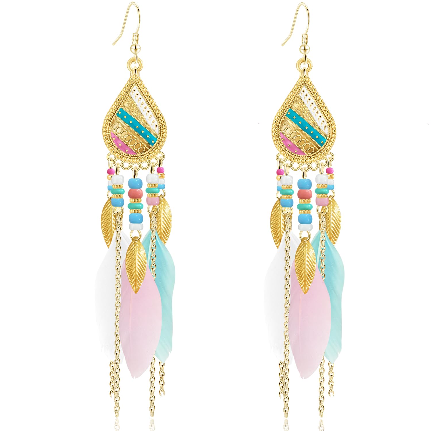 Bohemian National Style 14K Gold Teardrop Feather Fringe Lightweight Dangle Drop Earrings Retro Tassel Beaded Hook Earrings For Women Jewelry Gifts