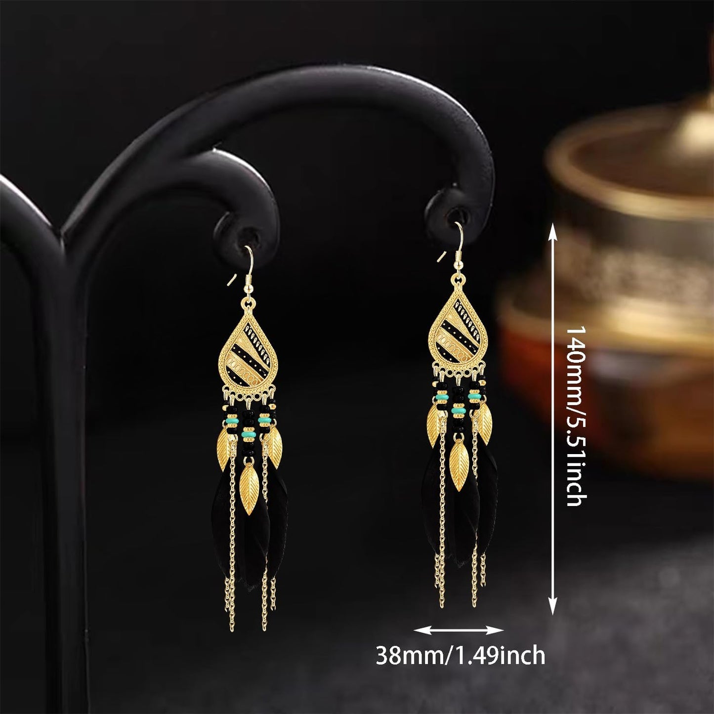 Bohemian National Style 14K Gold Teardrop Feather Fringe Lightweight Dangle Drop Earrings Retro Tassel Beaded Hook Earrings For Women Jewelry Gifts