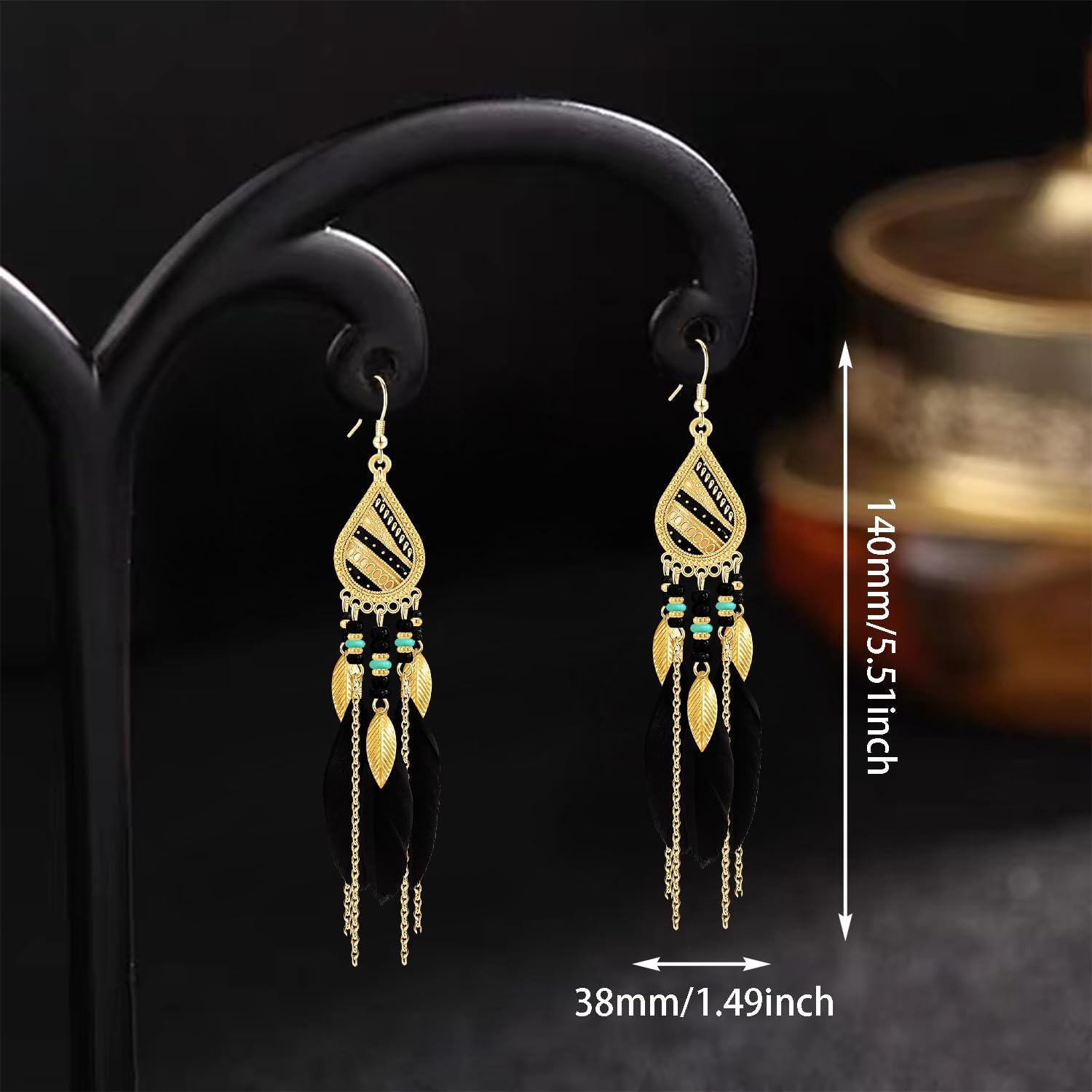 Bohemian National Style 14K Gold Teardrop Feather Fringe Lightweight Dangle Drop Earrings Retro Tassel Beaded Hook Earrings For Women Jewelry Gifts