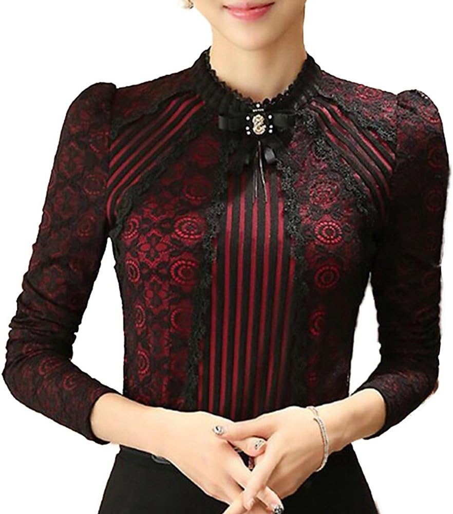 SansoiSan Women's Vintage Beaded Buttons Pleated Shirt Long Sleeve Lace Stretchy Blouse