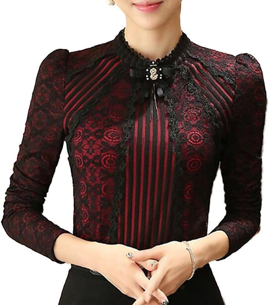 SansoiSan Women's Vintage Beaded Buttons Pleated Shirt Long Sleeve Lace Stretchy Blouse