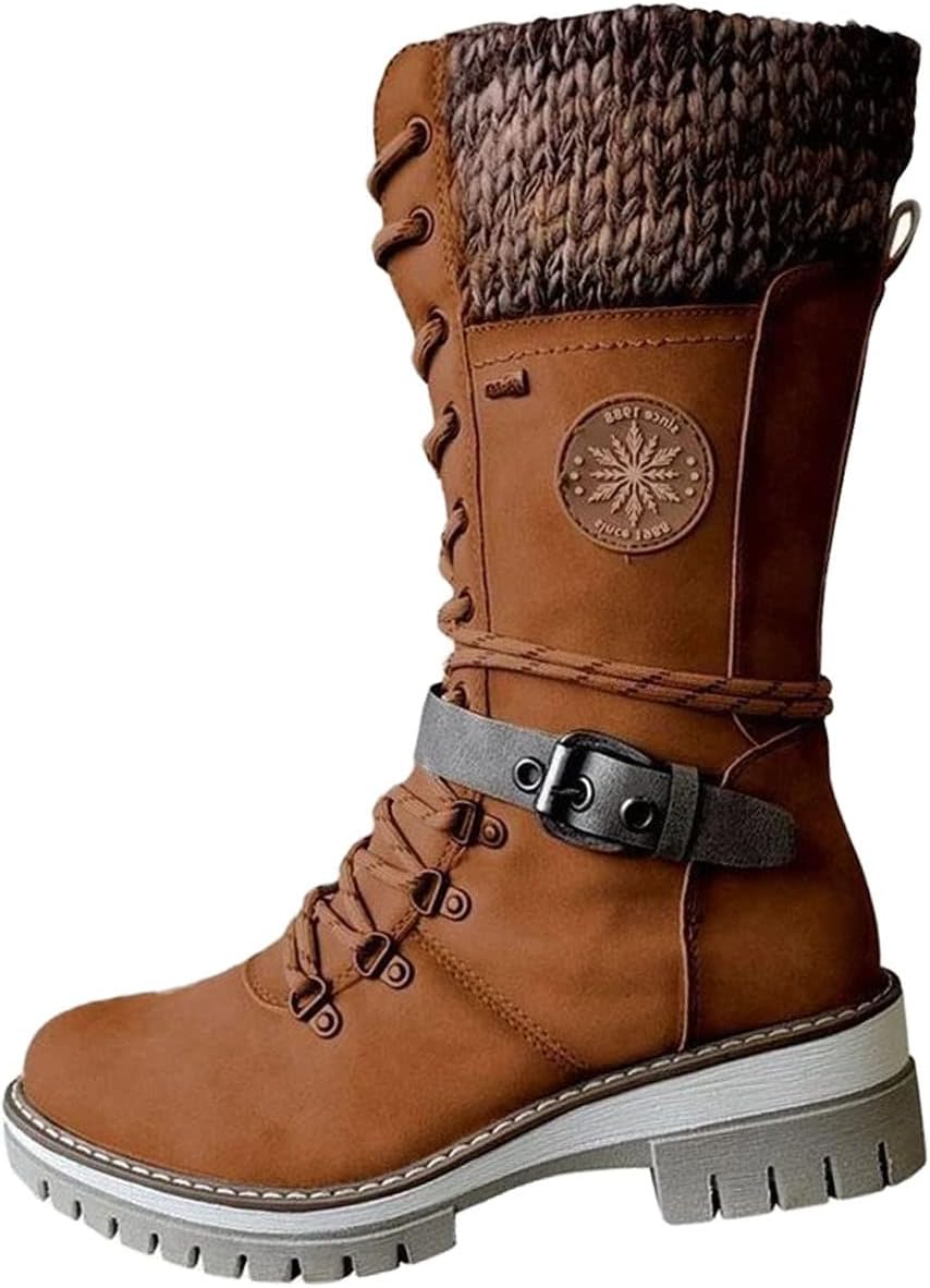 AngryMonkey Women's Winter Warm Mid-Calf Snow Boots,Knitted Suede Splicing Lace-up Non-Slip Waterproof Outdoor Casual Booties
