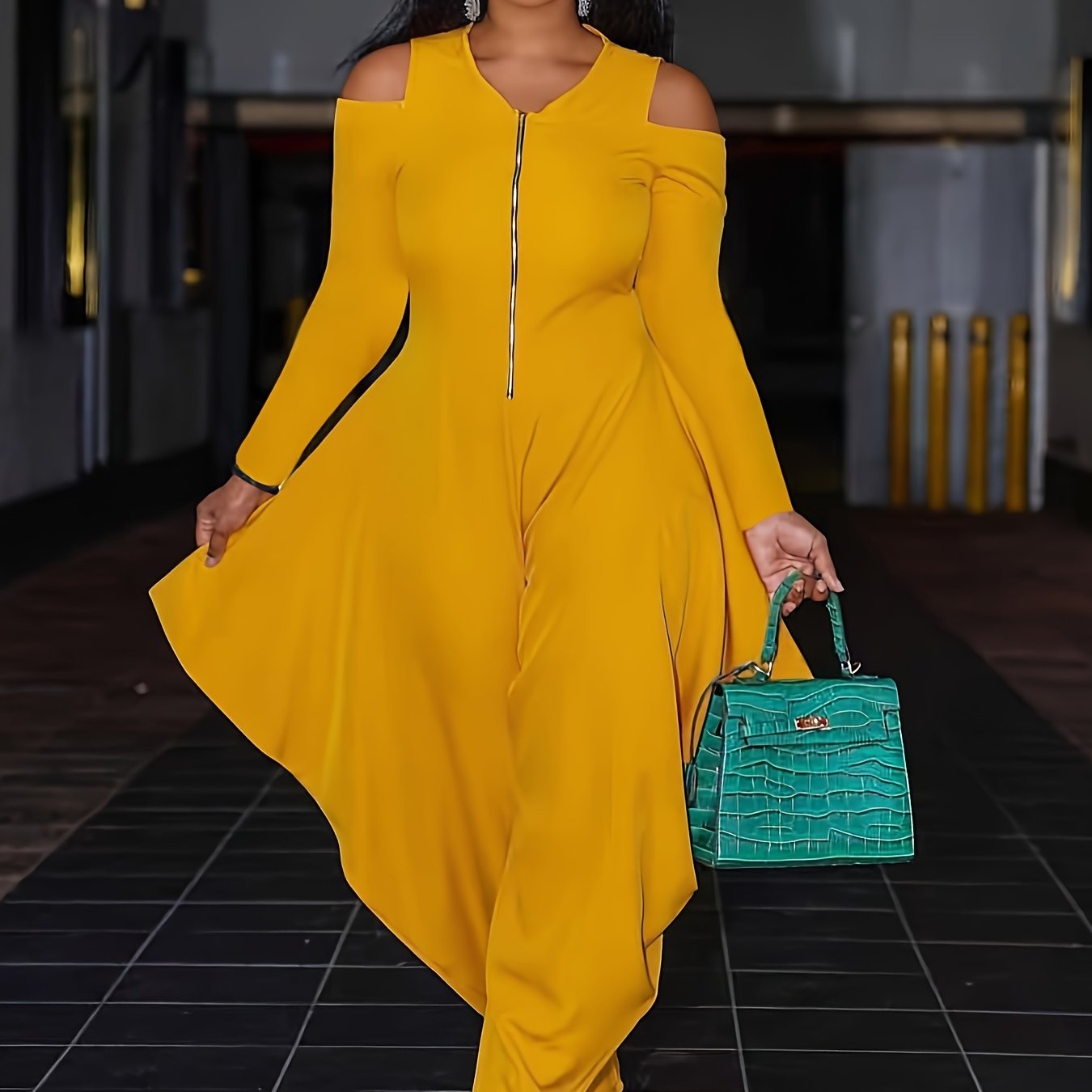 Fashionable Solid Color Off-Shoulder Zip-Up Jumpsuit