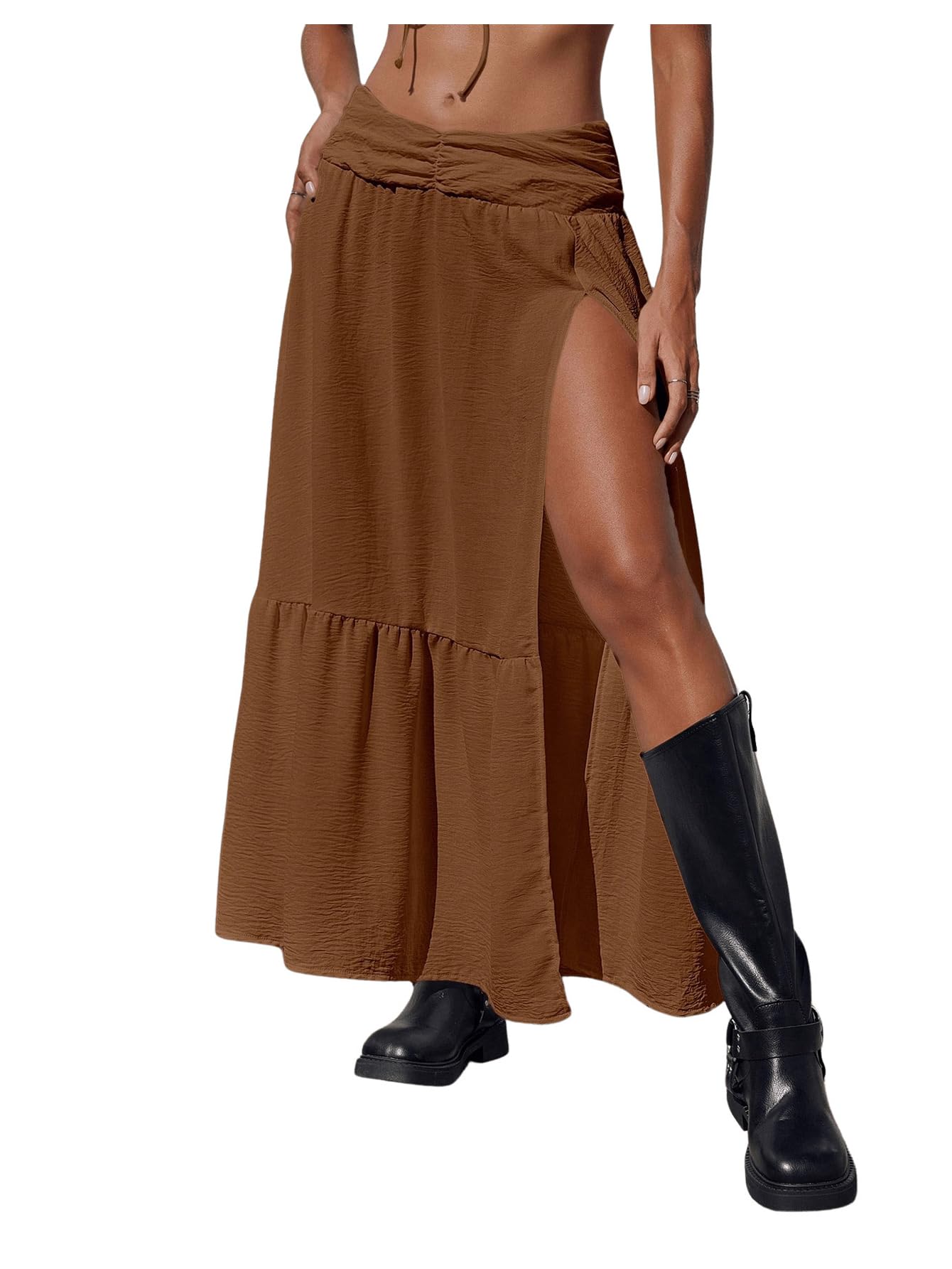 SHENHE Women's Summer Low Rise Maxi Skirt High Slit Ruffle Hem Flowy Boho Long Skirt