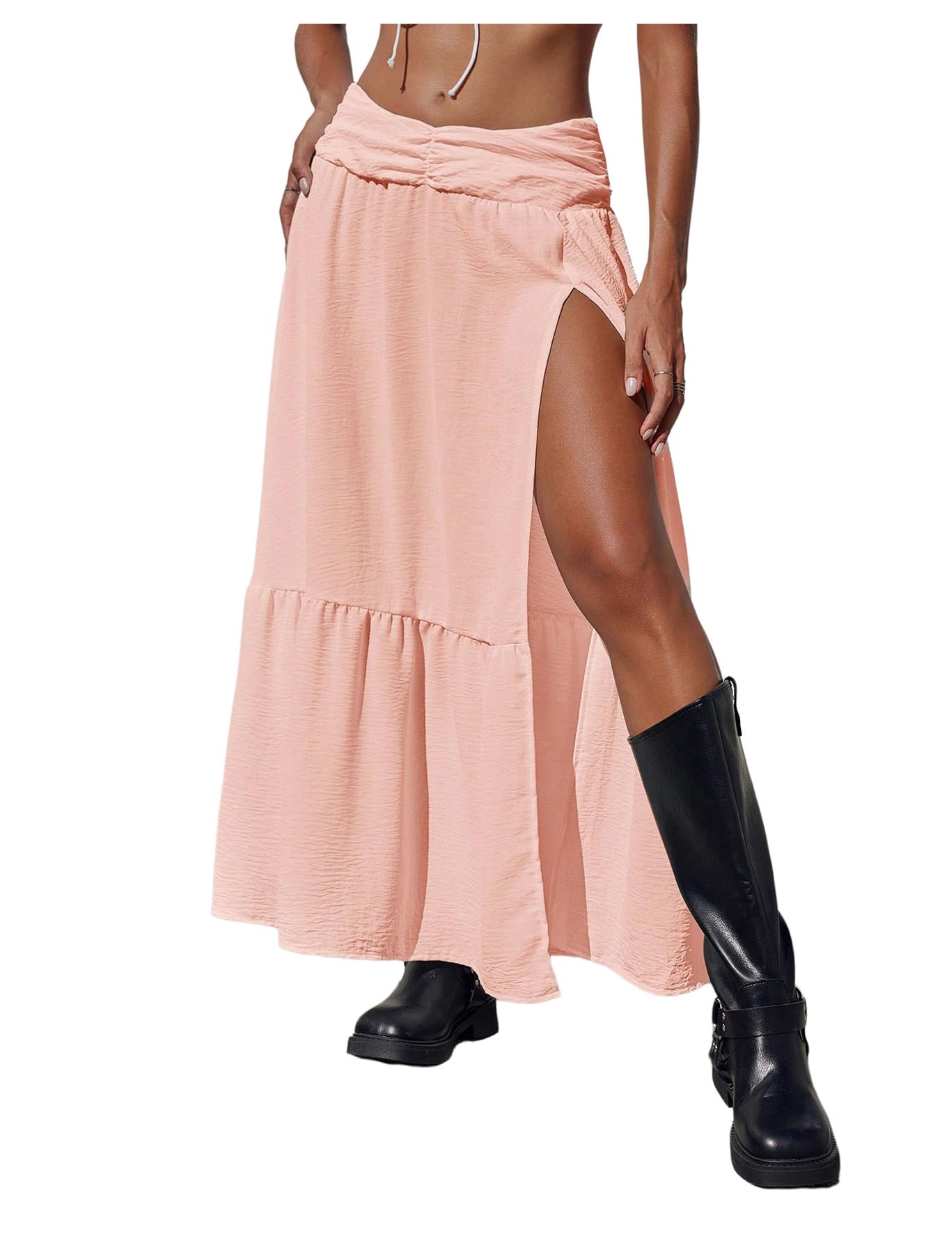SHENHE Women's Summer Low Rise Maxi Skirt High Slit Ruffle Hem Flowy Boho Long Skirt