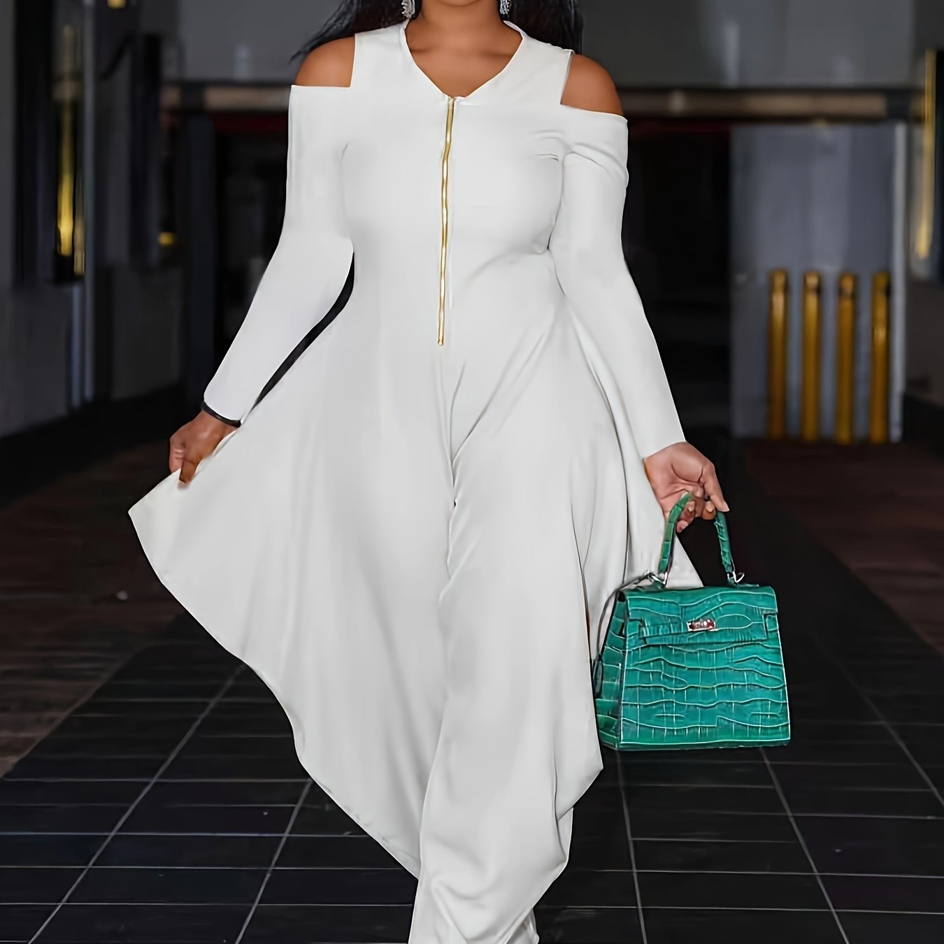 Fashionable Solid Color Off-Shoulder Zip-Up Jumpsuit