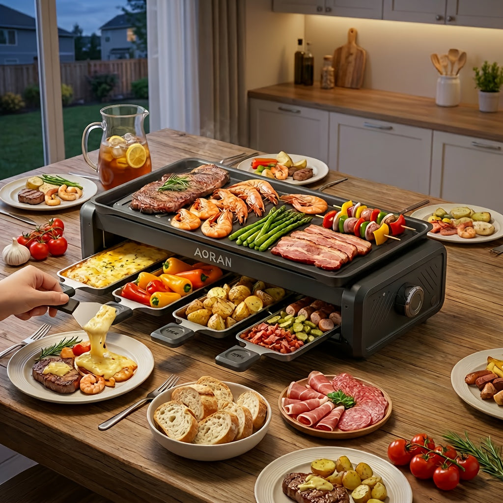 3-in-1 Electric Barbecue Grill & Raclette Set – Teppanyaki Grill with 4 Mini Cheese Trays, Indoor Party Grill for Seafood, BBQ & Family Gatherings