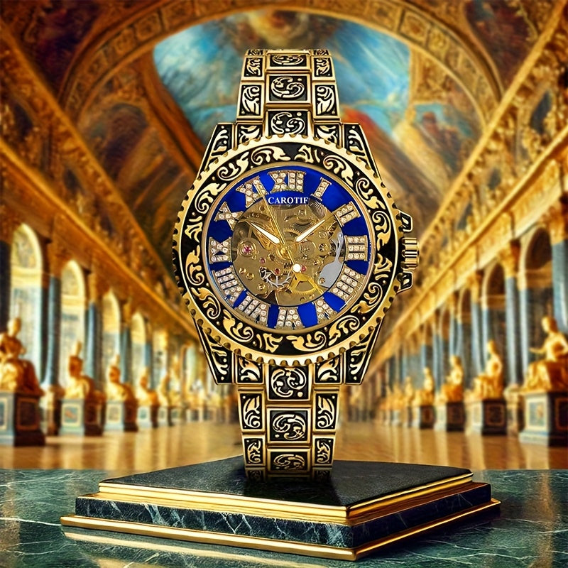 1pc Men's Red Steel Belt Retro Style Mechanical Watch – Luminous & Carved Design
