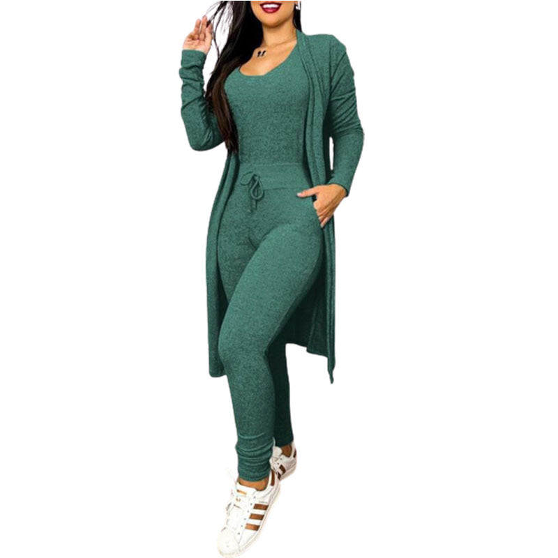 Women's Casual 2-Piece Set – High-Waist Jumpsuit with Drawstring Pockets & Matching Cardigan Cover