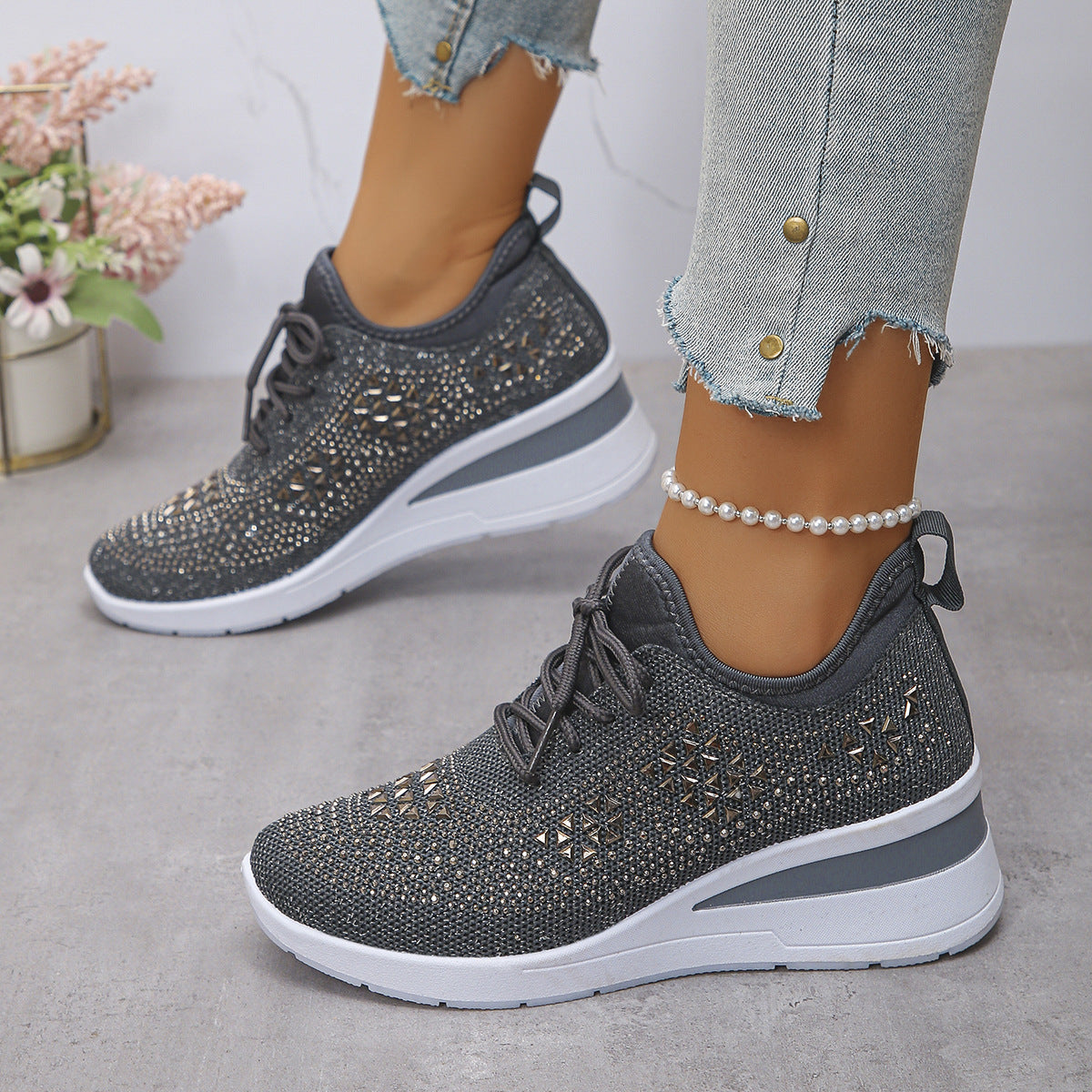 Rhinestone Wedge Sneakers – Fashion Lace-Up Casual Sports Shoes for Women