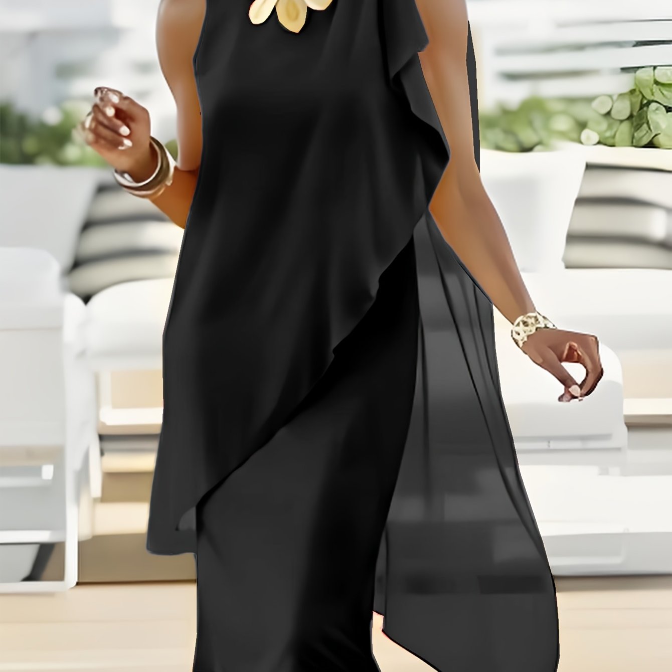 Elegant Solid Color Irregular Chiffon Patchwork Sleeveless Round Neck Dress