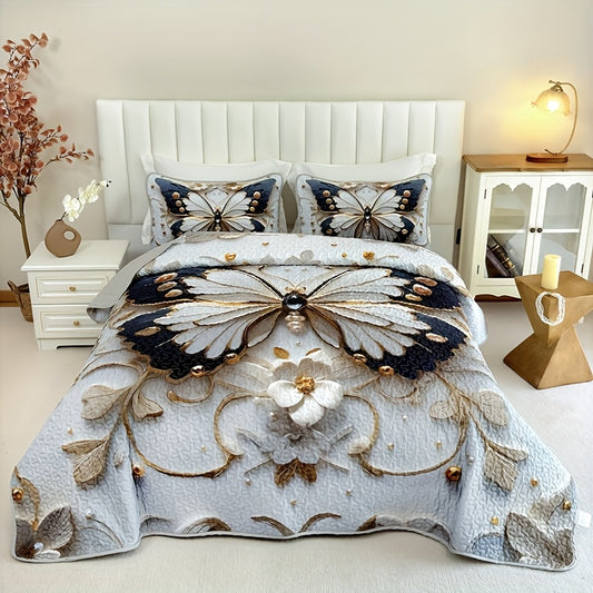 Soft, Breathable Quilted Bedding Set (2 or 3 Pieces) – Black & White Butterfly and Floral Design