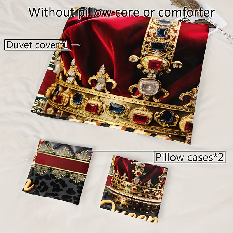 3pcs Crown Queen Leopard Print Quilt Cover Set