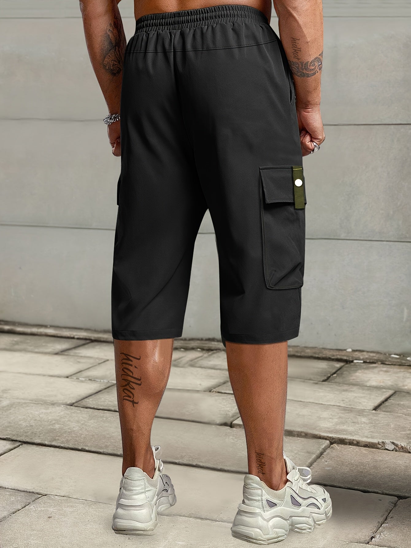 Men's Summer Casual Cargo Shorts with Elastic Drawstring Waist, Multi-Pocket Design & Letter Patch