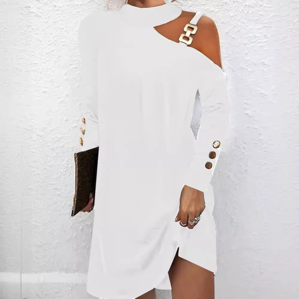 Fashion Women’s Solid Casual Mini Dress – Elegant Halter Neck with Metal Buckle