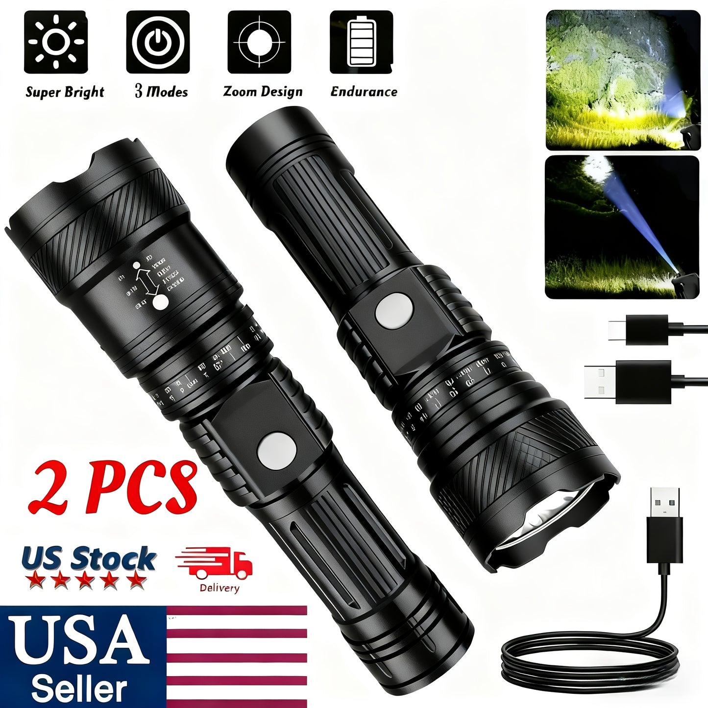 2/4pcs Solar Flashlight – Portable LED Flashlight with USB & Solar Charging