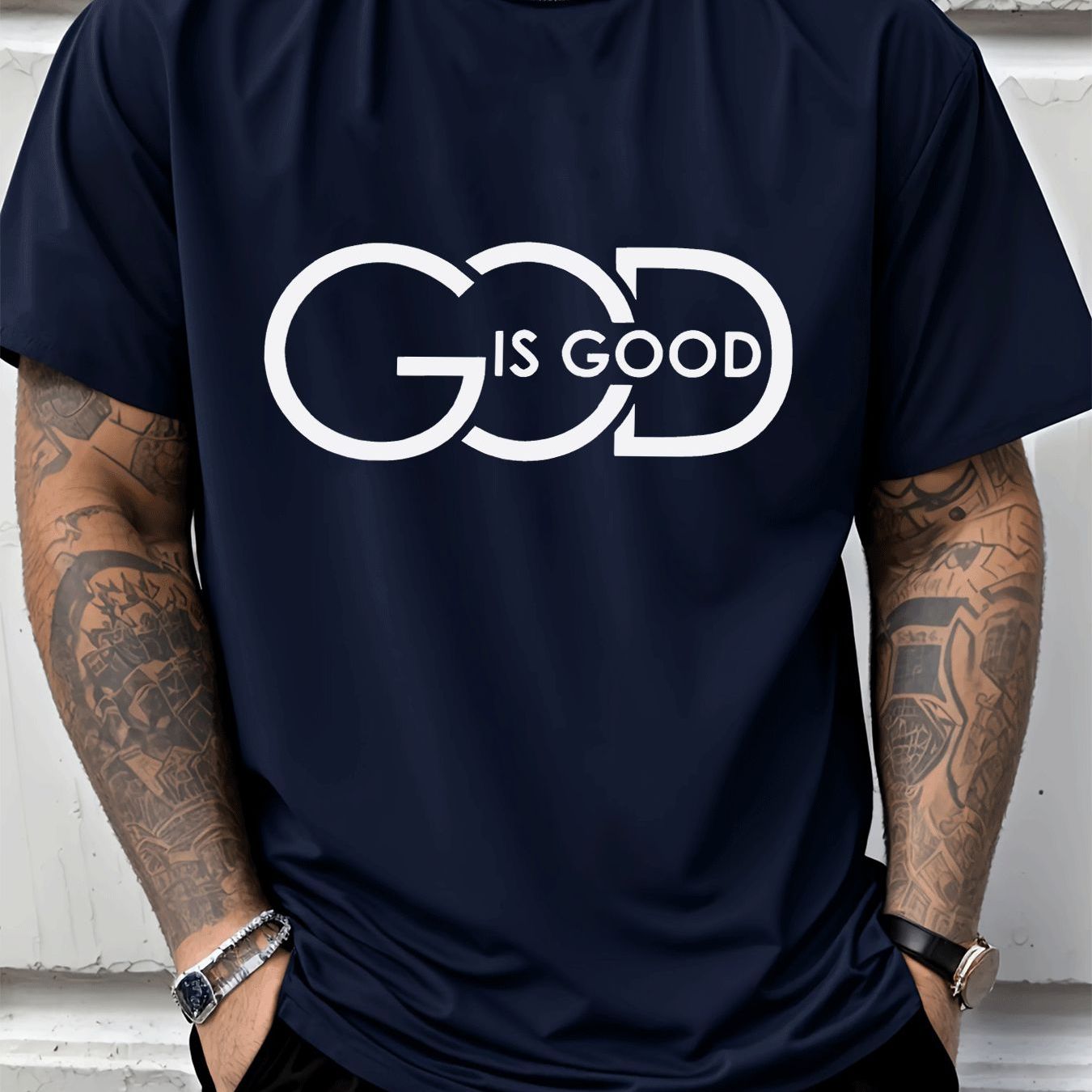 Men's Casual Graphic Tee – "God Is Good" Crew Neck Streetwear