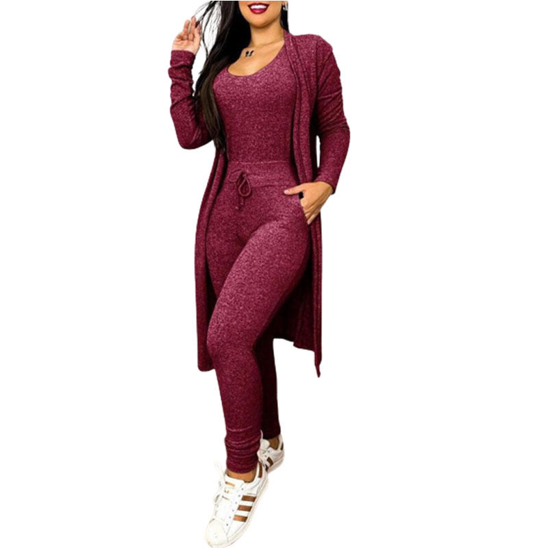 Women's Casual 2-Piece Set – High-Waist Jumpsuit with Drawstring Pockets & Matching Cardigan Cover