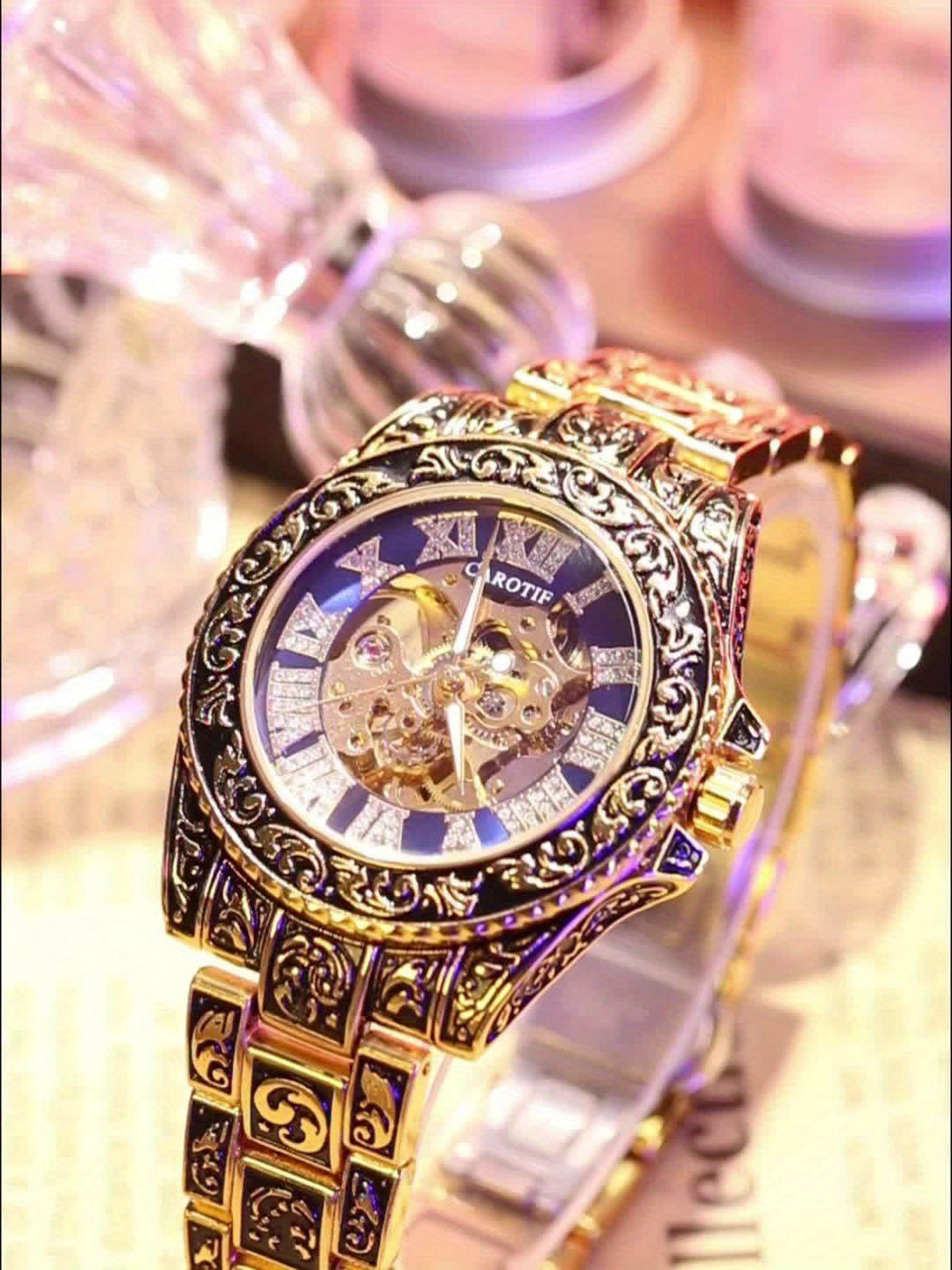 1pc Men's Red Steel Belt Retro Style Mechanical Watch – Luminous & Carved Design