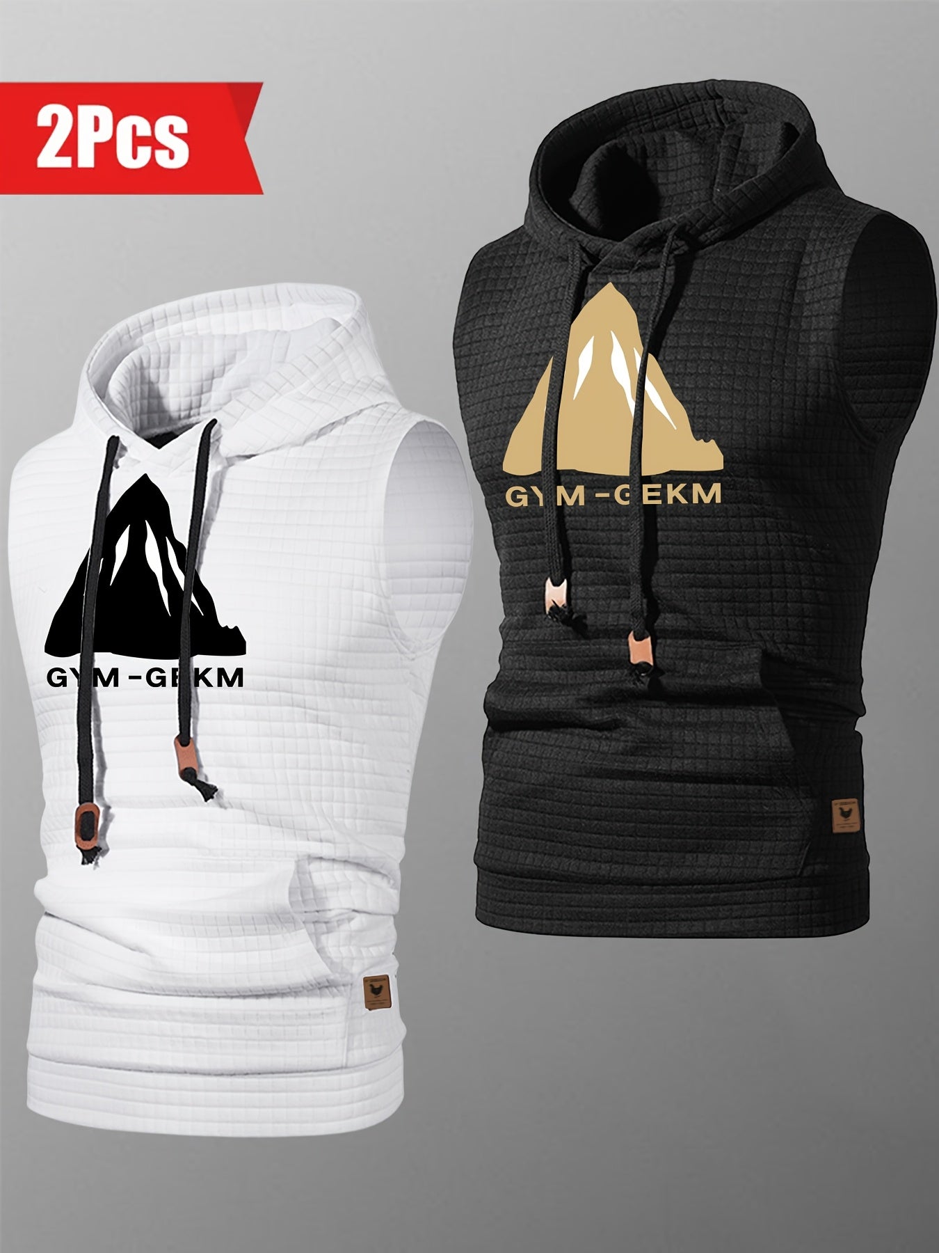 2pcs Casual Sleeveless Hooded Jacquard Tank Top