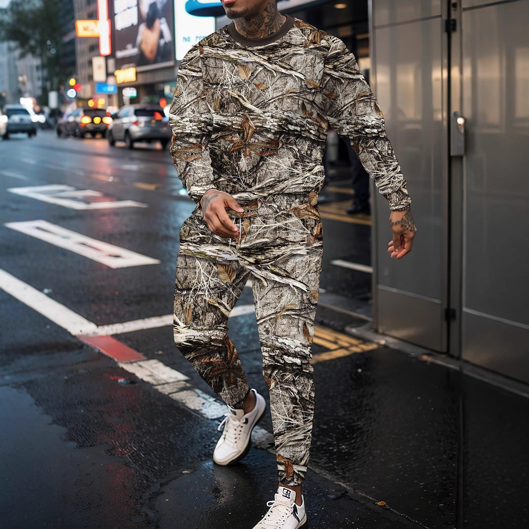 Round Neck Jungle Camouflage Sweater & Two-Piece Pants Set