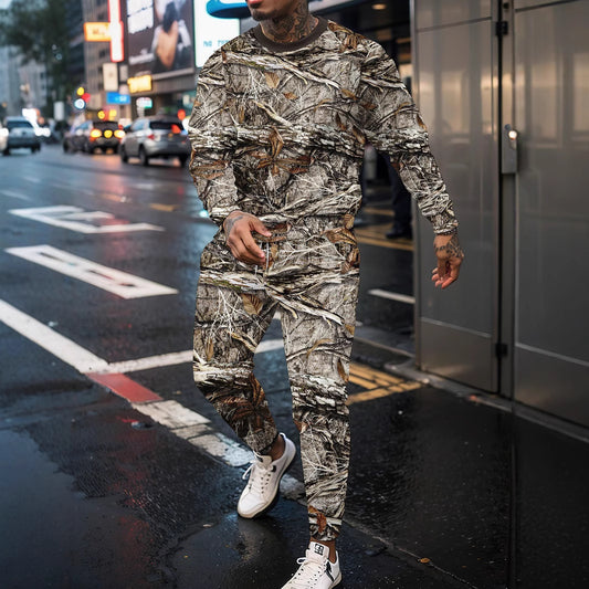 Round Neck Jungle Camouflage Sweater & Two-Piece Pants Set