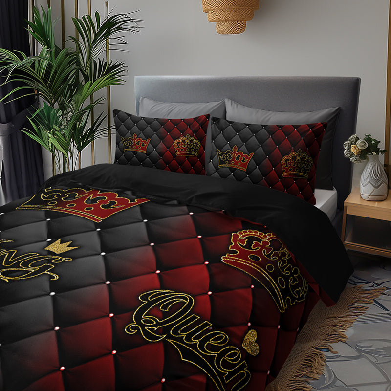 2/3pcs Luxury Dark Red & Gold Crown Duvet Cover Set – King & Queen Design