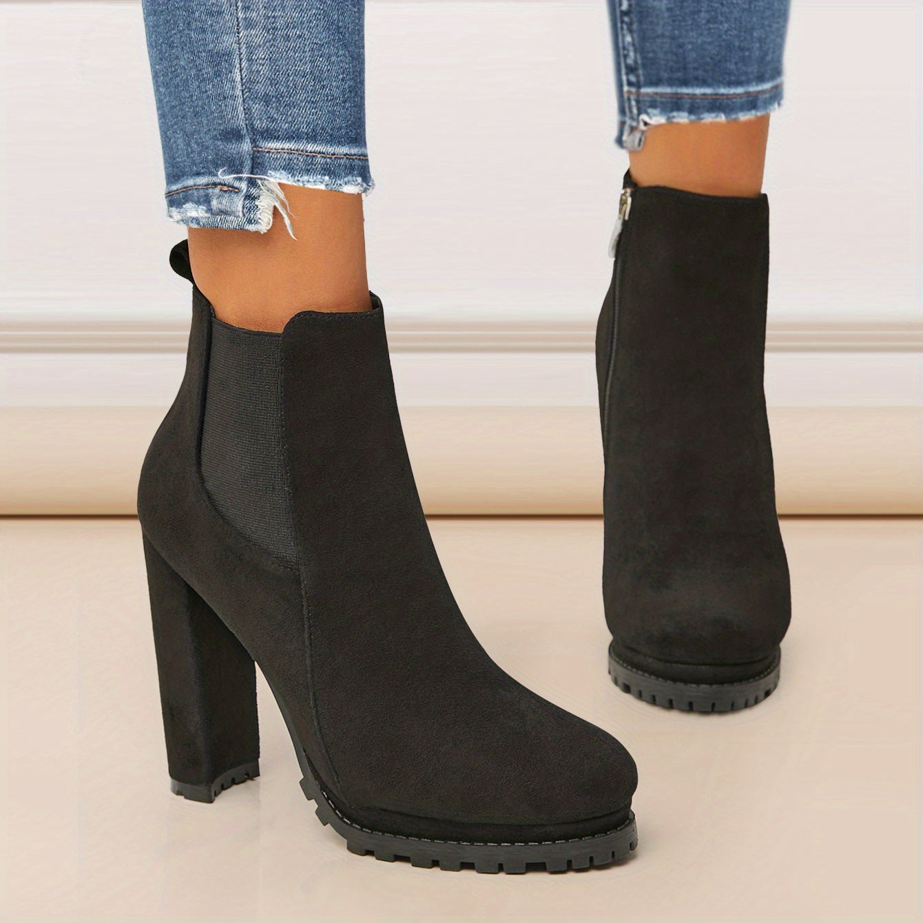 Stylish Pointed Toe Ankle Boots – Chunky Heel, Platform Comfort, Side Zipper Convenience