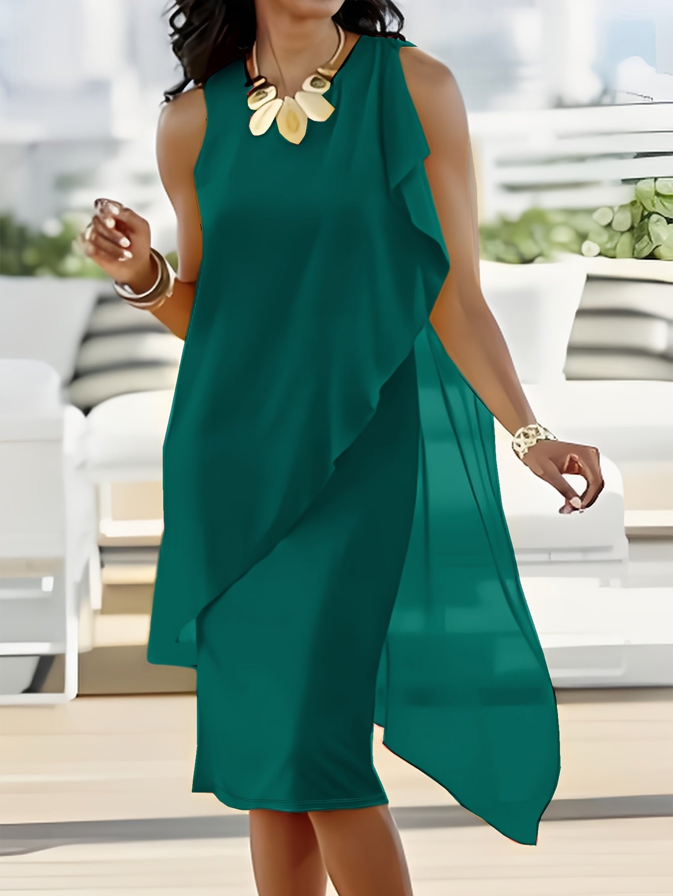 Elegant Solid Color Irregular Chiffon Patchwork Sleeveless Round Neck Dress