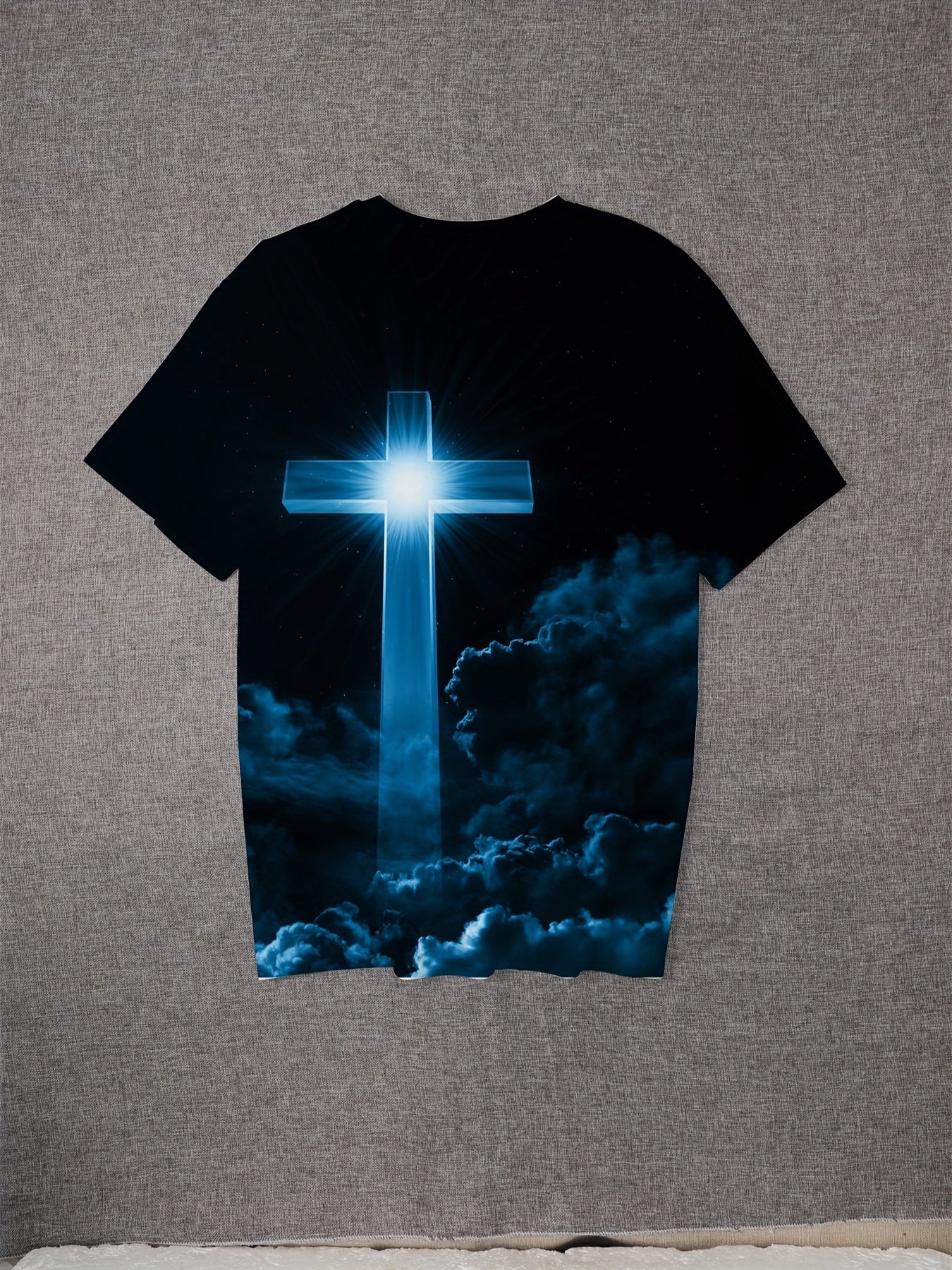 Men's Oversized Blue Shirt – Retro 3D Print with Cross Design