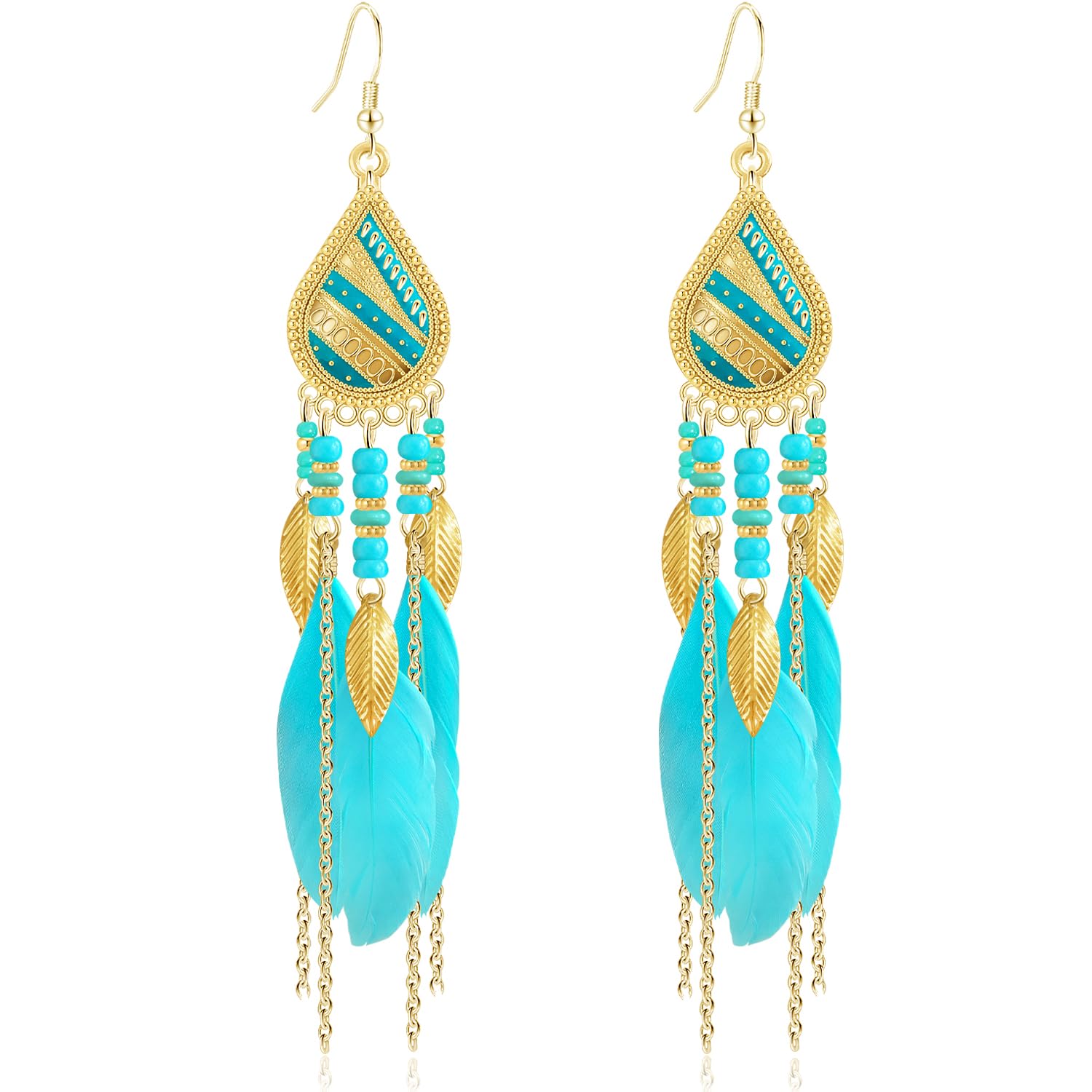 Bohemian National Style 14K Gold Teardrop Feather Fringe Lightweight Dangle Drop Earrings Retro Tassel Beaded Hook Earrings For Women Jewelry Gifts