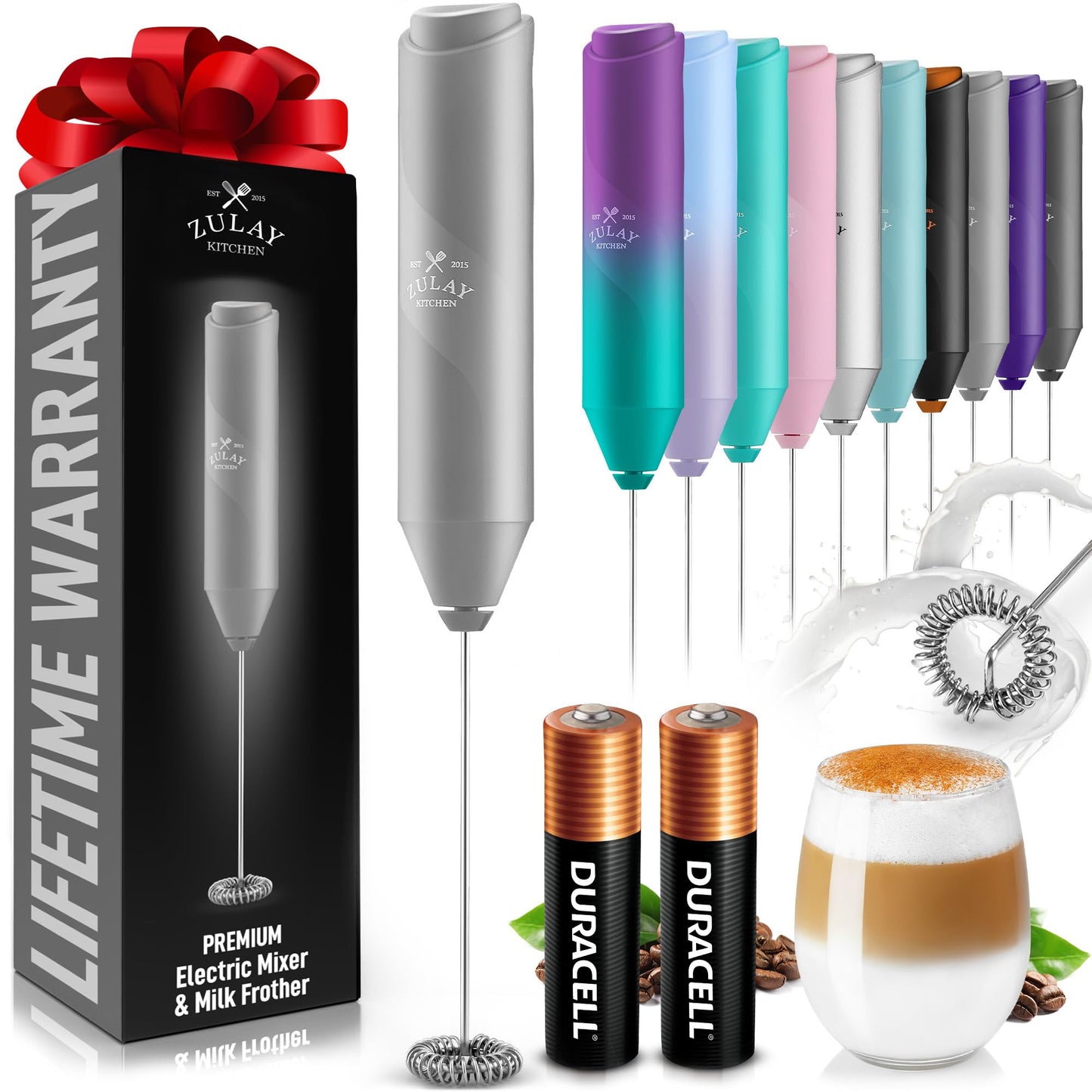 Zulay Kitchen Powerful Milk Frother Wand - Handheld Stainless Steel - Battery Operated Drink Mixer for Coffee, Lattes, Cappuccino, Matcha - Froth Mate Frother Gift - Black
