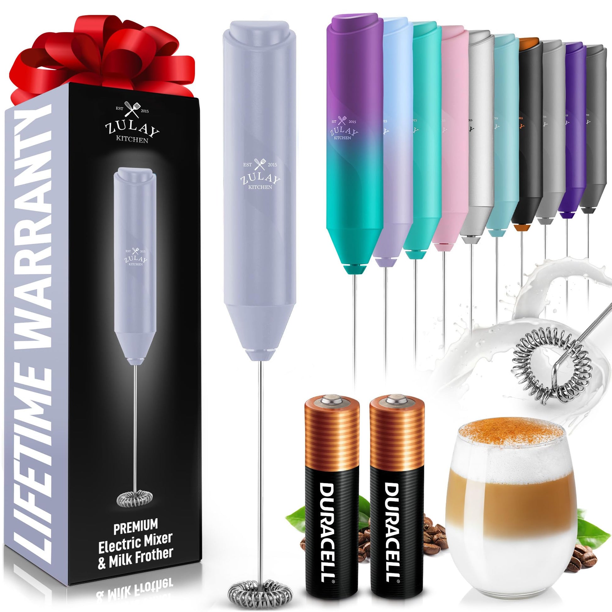Zulay Kitchen Powerful Milk Frother Wand - Handheld Stainless Steel - Battery Operated Drink Mixer for Coffee, Lattes, Cappuccino, Matcha - Froth Mate Frother Gift - Black