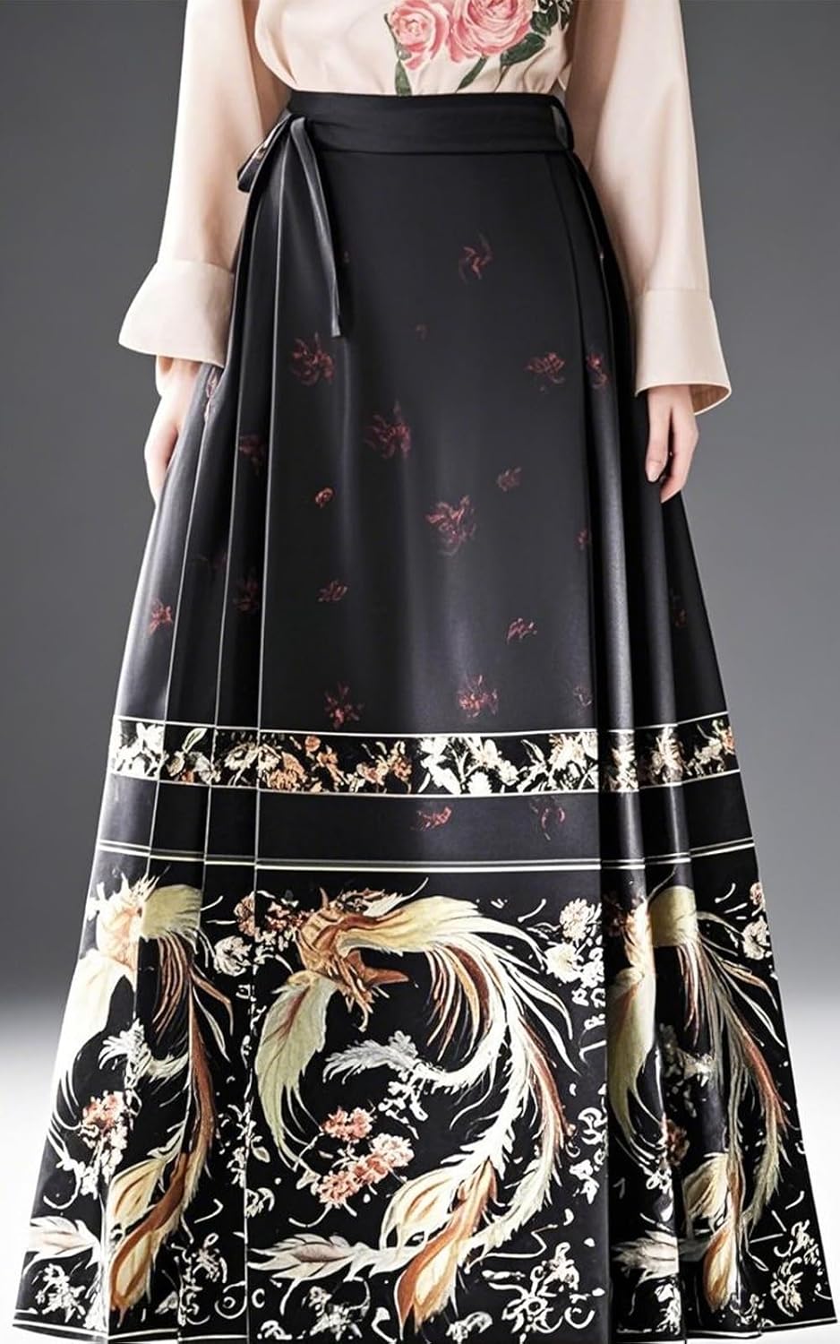 Women Horse Face Skirt Seft Tie Print Elegant Vintage Long Swing Maxi Pleated Skirts Chinese Traditional Hanfu Mamianqun