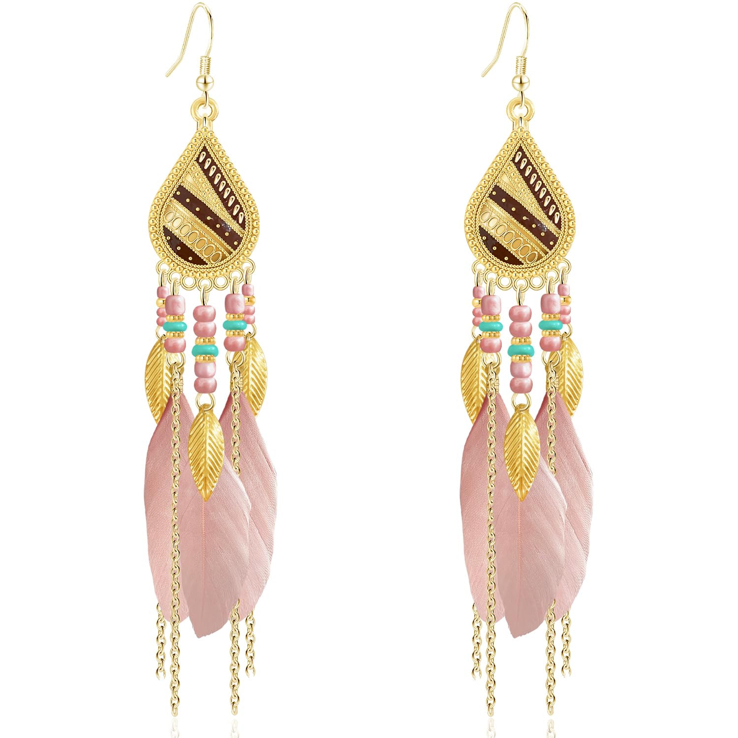 Bohemian National Style 14K Gold Teardrop Feather Fringe Lightweight Dangle Drop Earrings Retro Tassel Beaded Hook Earrings For Women Jewelry Gifts