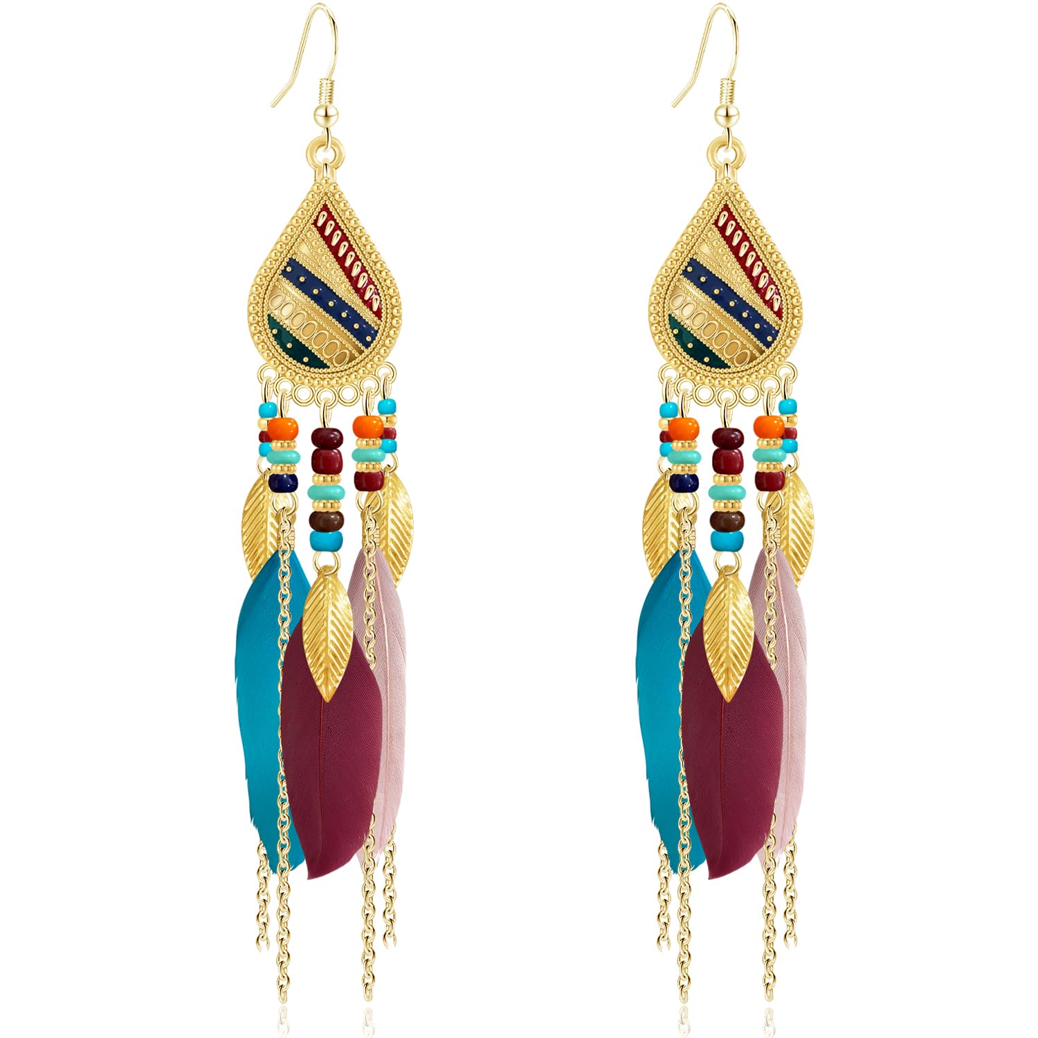 Bohemian National Style 14K Gold Teardrop Feather Fringe Lightweight Dangle Drop Earrings Retro Tassel Beaded Hook Earrings For Women Jewelry Gifts