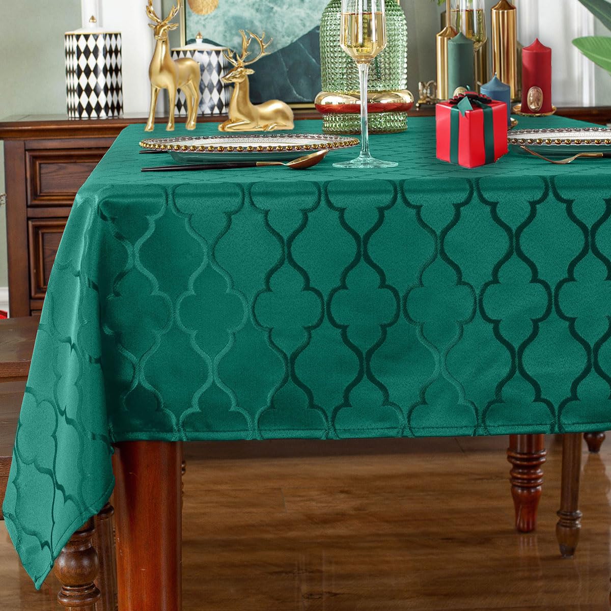SASTYBALE Rust Jacquard Damask Tablecloth - 52x52 Inch Square (Fits 2-4 Seats) - Fall Thanksgiving Decor - Water Resistant, Wrinkle-Free Polyester Fabric, Rustic Harvest Dining Cover for Parties