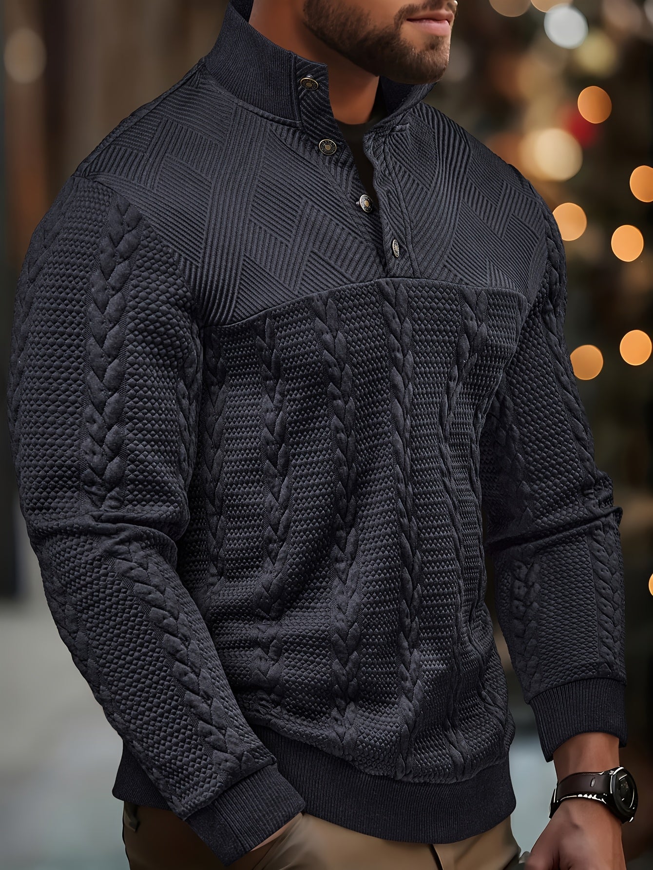 Men's Henley Shirt – Soft Stretch Long Sleeve Button-Up with Elastic Hem
