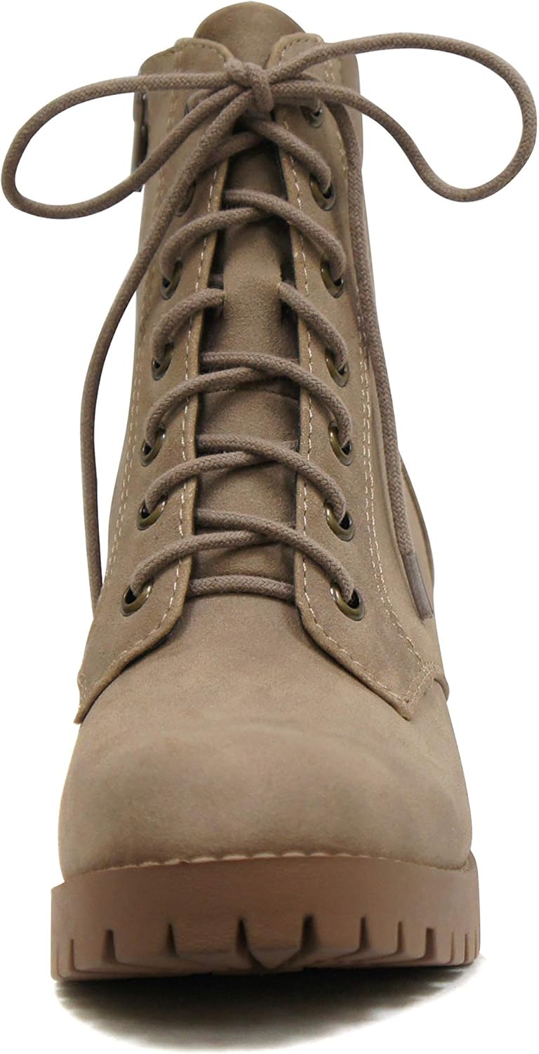 Soda Single Lug Sole Chunky Heel Combat Ankle Boot Lace up w/Side Zipper
