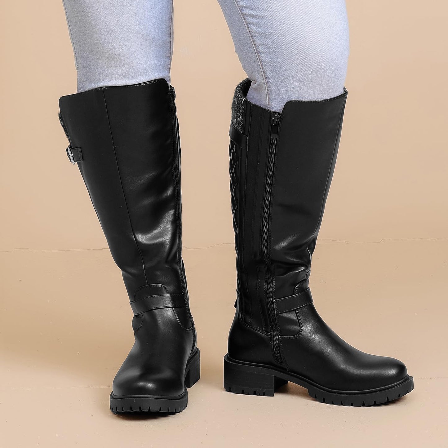 Luoika Women's Extra Wide Calf Knee High Boots, Wide Width Round-Toe Blocked Heel Winter Tall Boots.