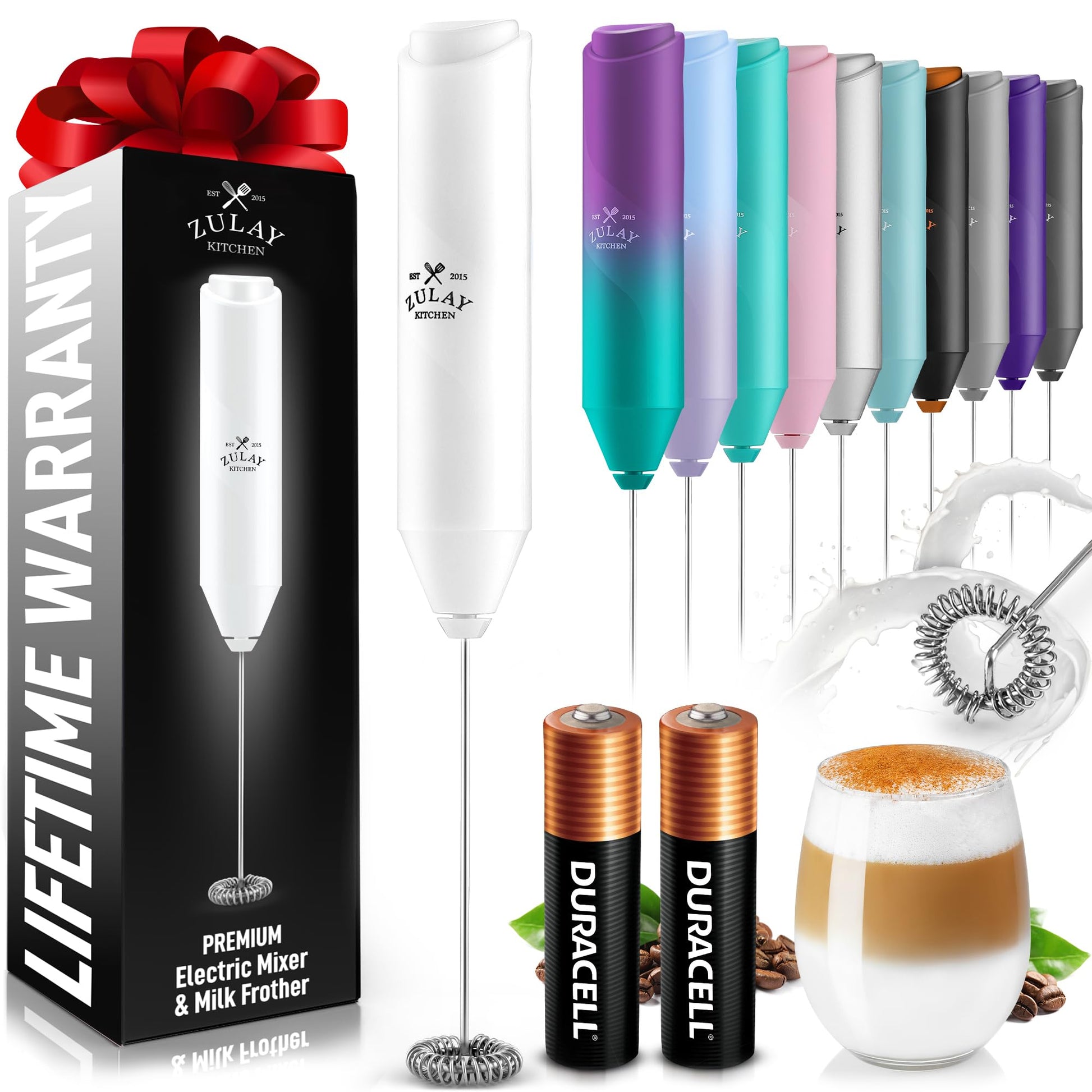 Zulay Kitchen Powerful Milk Frother Wand - Handheld Stainless Steel - Battery Operated Drink Mixer for Coffee, Lattes, Cappuccino, Matcha - Froth Mate Frother Gift - Black